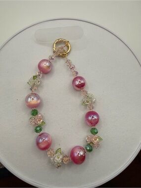 Pink Glass Bead & Crystal Flower Cellphone or Bag charm